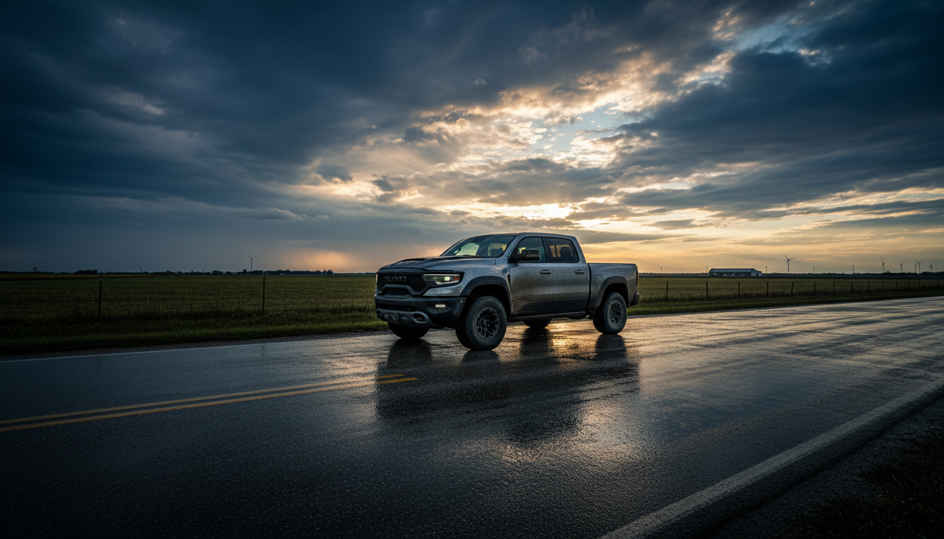 Truck on Illinois road under dramatic clearing sky after storm