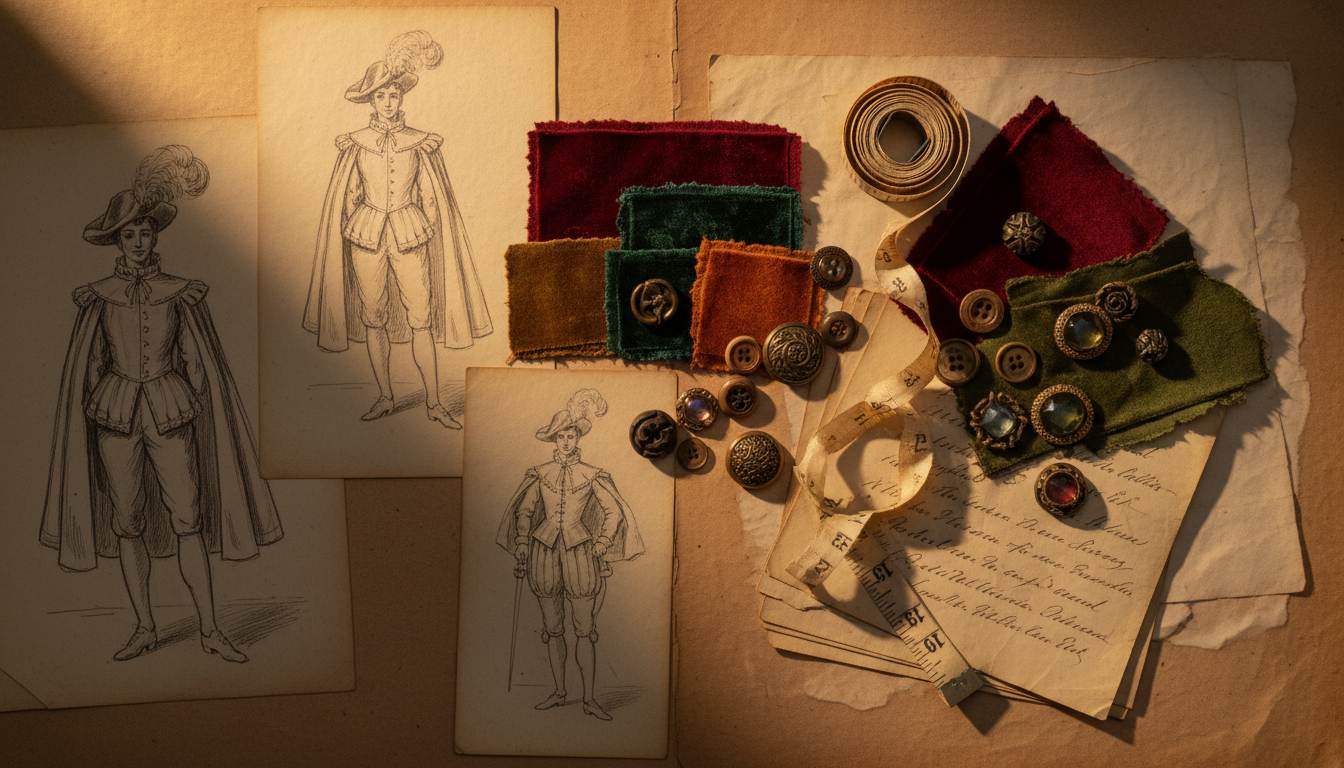 Costume design sketches and fabric swatches