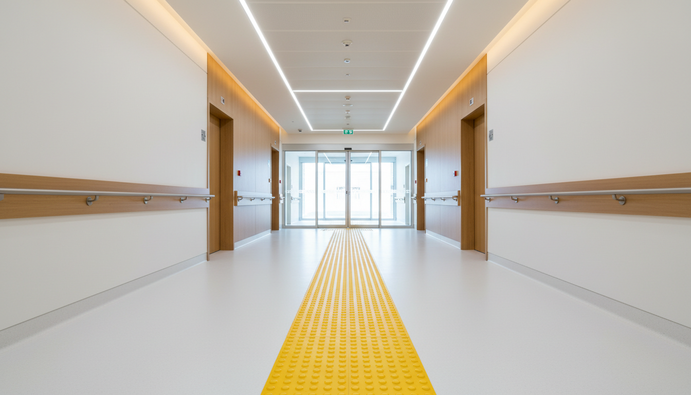 Corredor de hospital com piso tátil