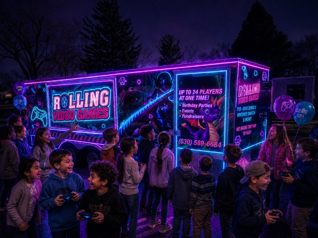 Birthday party extras and decorations included with mobile gaming party in Addison IL area