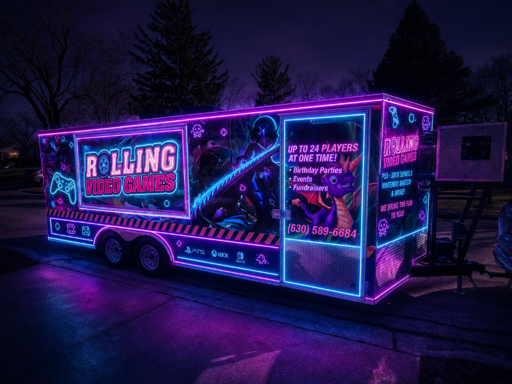 State-of-the-art mobile gaming truck exterior with neon LED lights for birthday parties in Addison IL