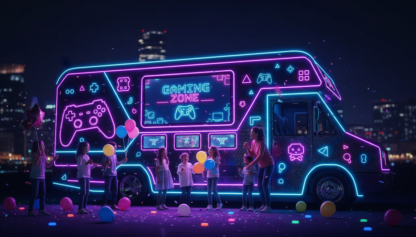 State-of-the-art mobile gaming truck with neon lights, the perfect mobile birthday party vehicle in Addison IL