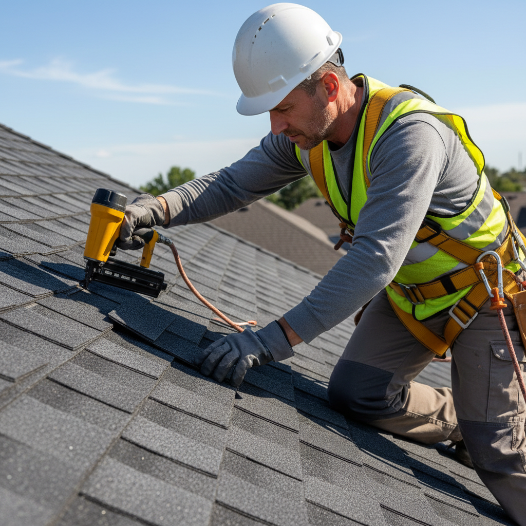Professional roofing contractor at work