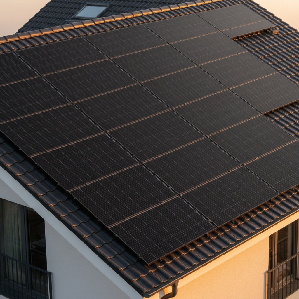 Luftaufnahme von Solaranlagen auf Hausdächern