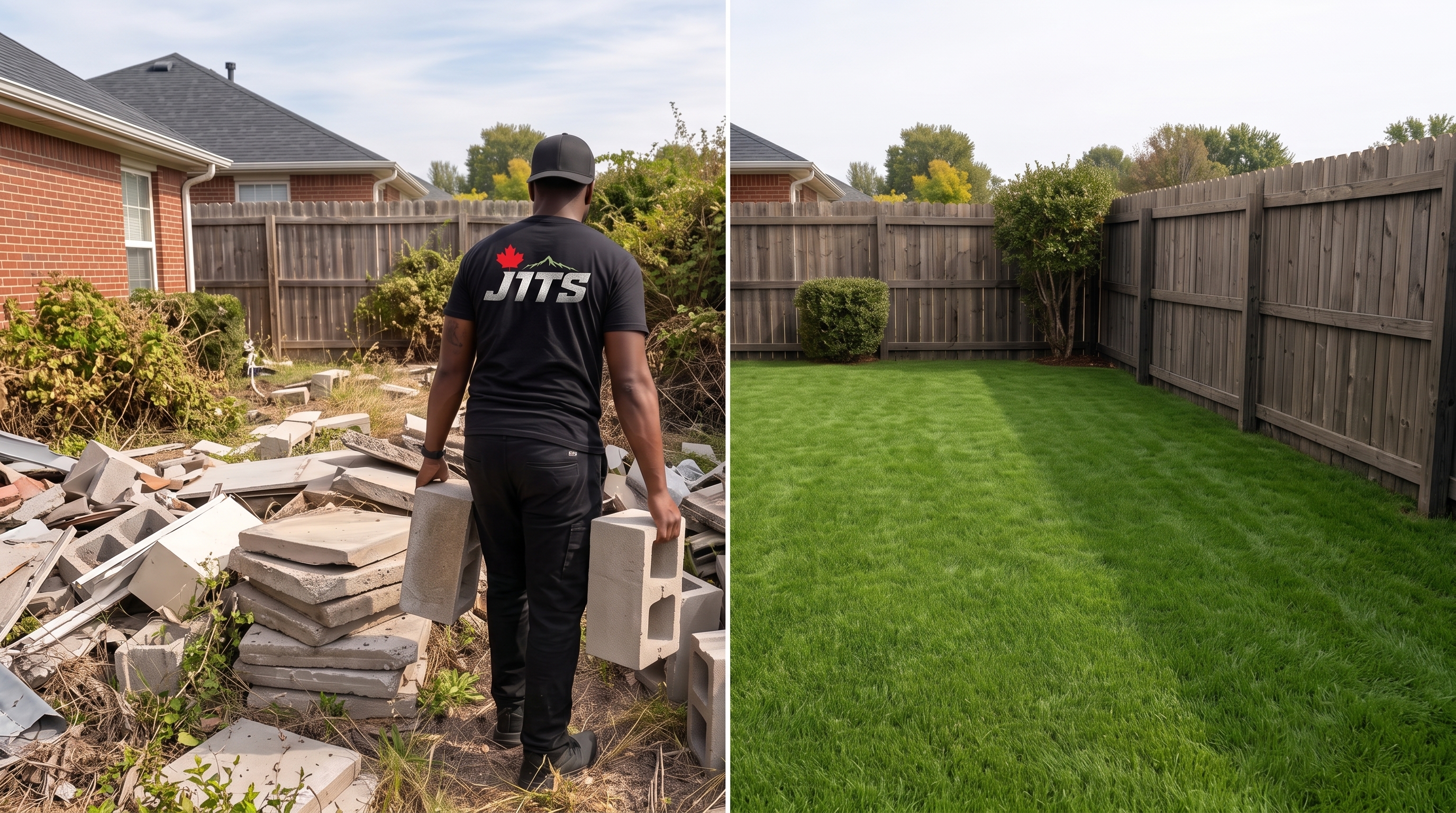 Cinder block removal and backyard cleanup — before and after