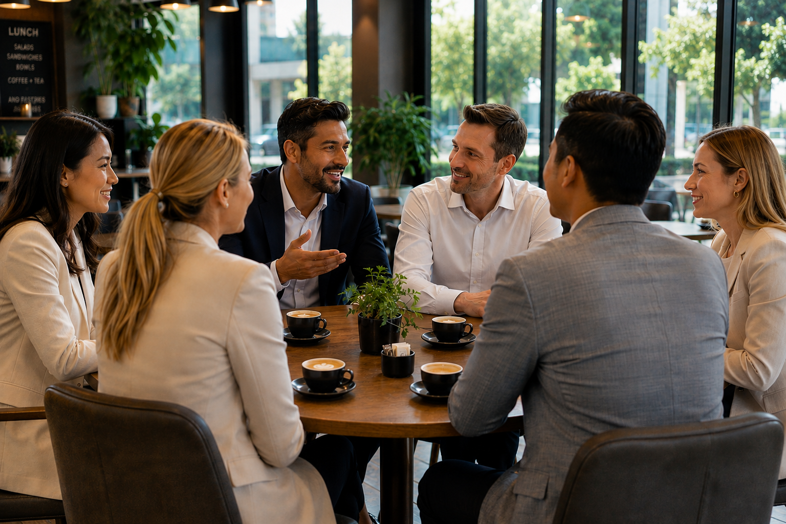 Six professionals sharing a meal and conversation around a table