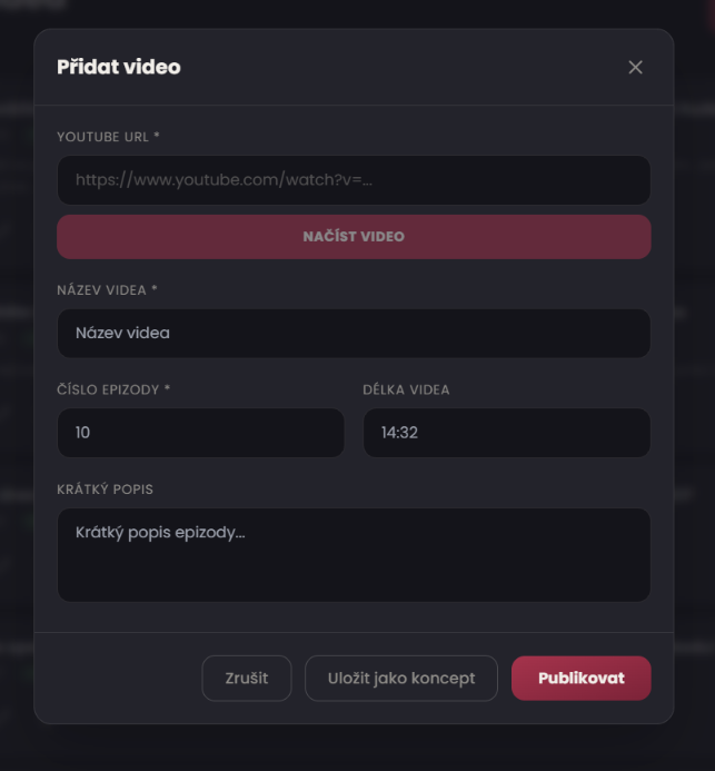 Modální okno přidat video Tomáš Hudeček