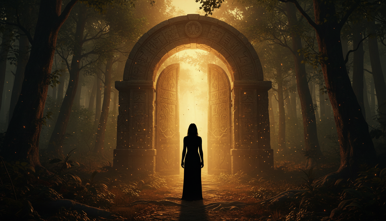 A sacred wilderness gate illuminated by golden light