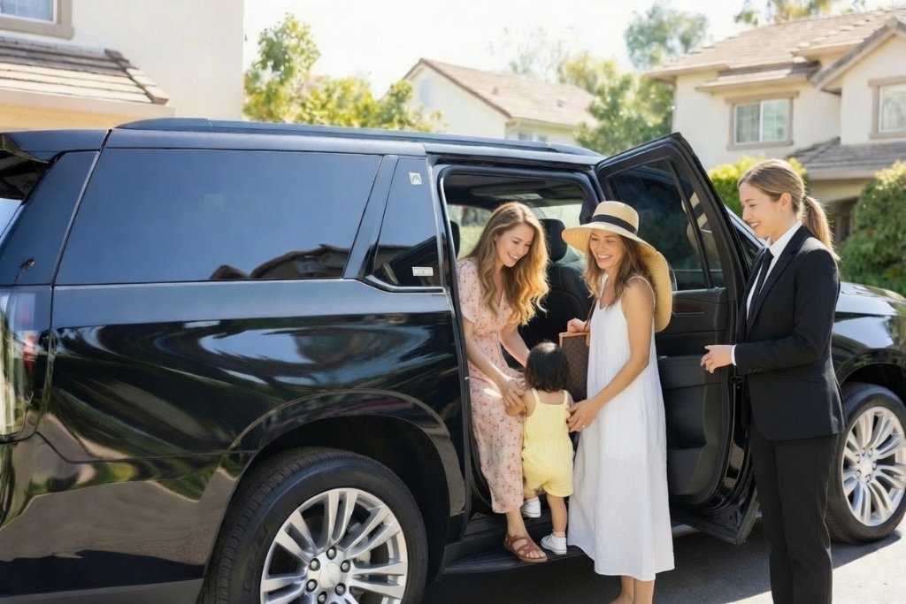 Family getting into luxury vehicle with chauffeur