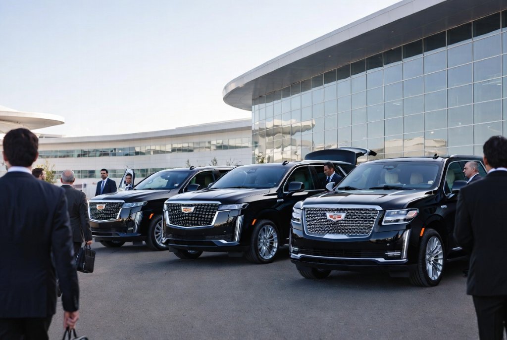 Executive fleet of black SUVs at a corporate headquarters