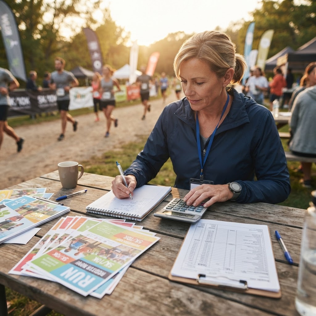 A race director calculating costs on a notepad with a calculator, registration flyers and a budget worksheet on a wooden table