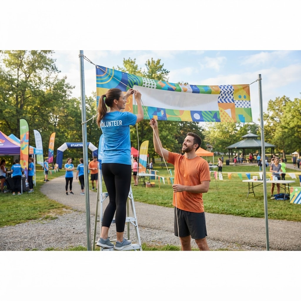 Volunteers hanging colorful sponsor banners at a community 5K race festival area on a morning