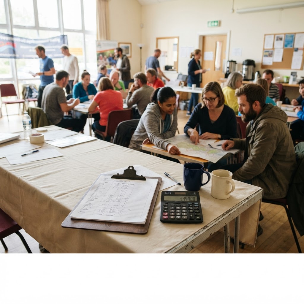 A budget spreadsheet with calculator and coffee on a table at a community race planning meeting