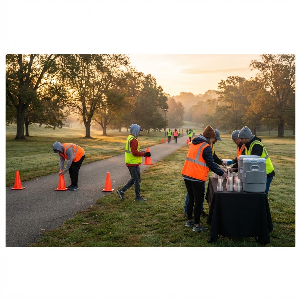Community 5K volunteers in safety vests setting up traffic cones and a water station at a park on race morning