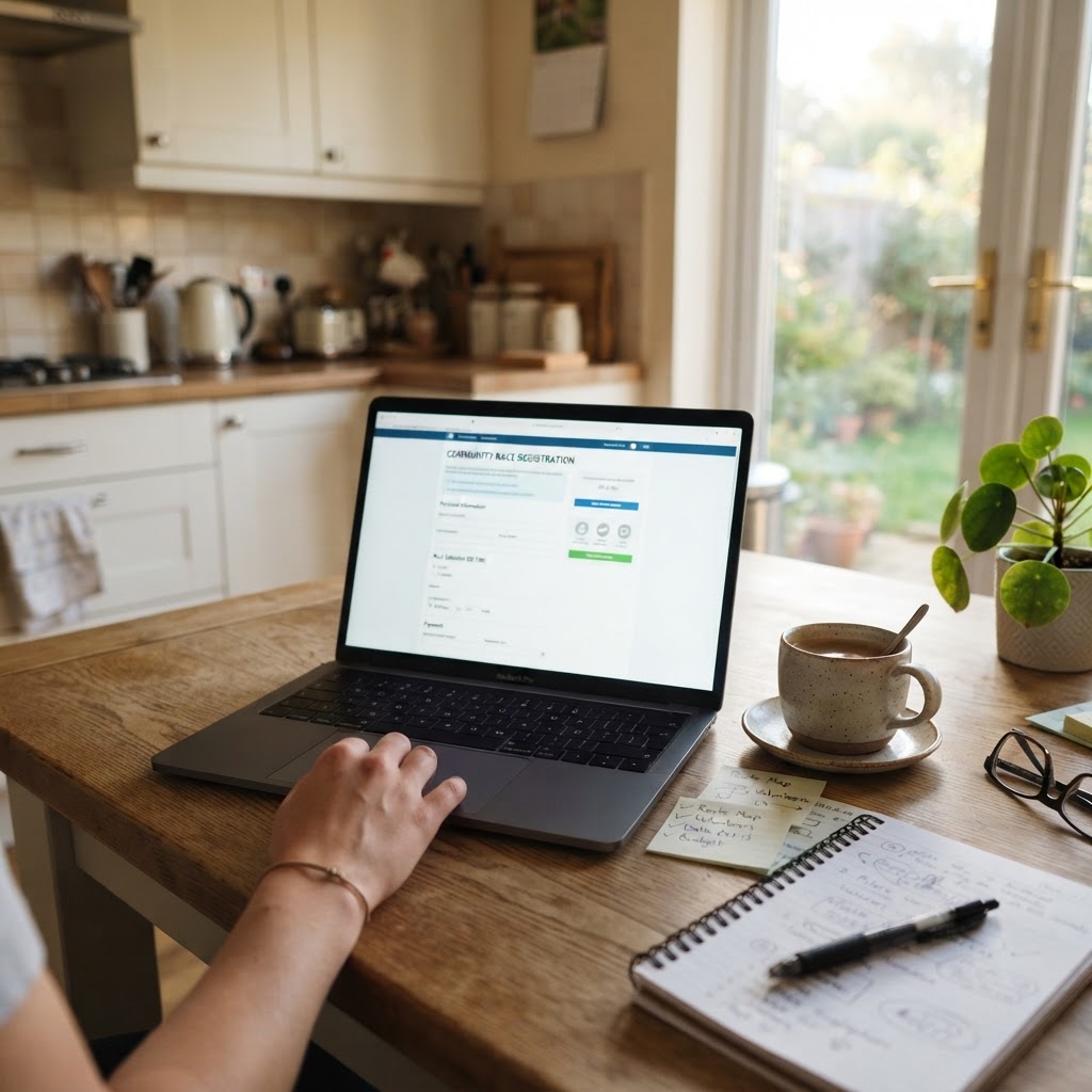 A laptop showing a community race registration page on a kitchen table with coffee and sticky notes during morning planning