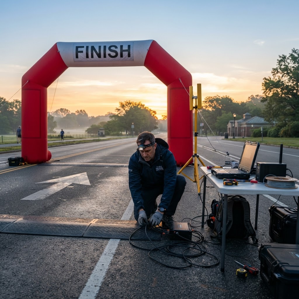 A timing company professional setting up a chip timing mat and antenna at a 5K finish line arch early in the morning