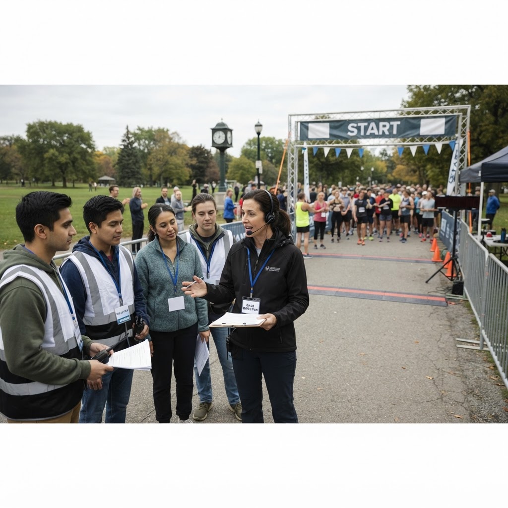A race director with headset and clipboard briefing a team of volunteers with role badges at a community 5K start line