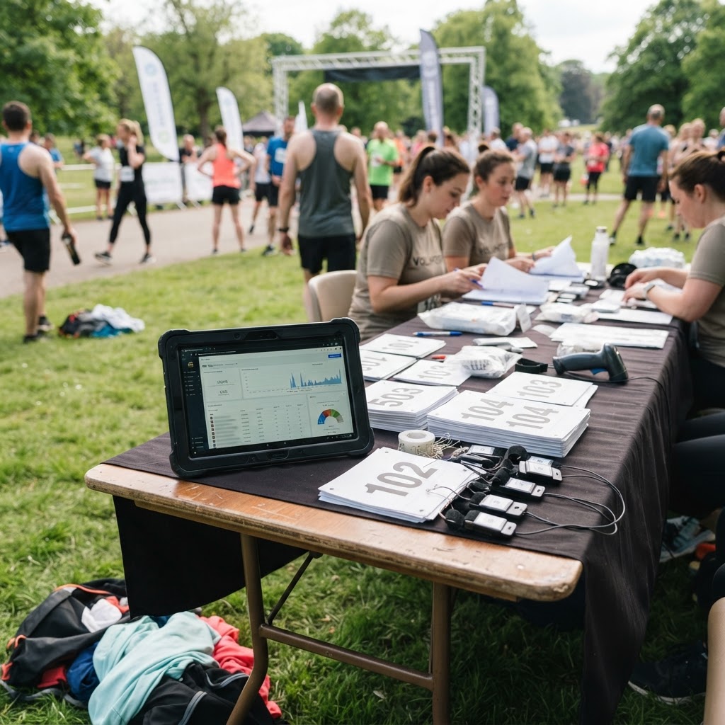 A tablet displaying a race registration dashboard next to bib numbers and timing chips on a table at a community event
