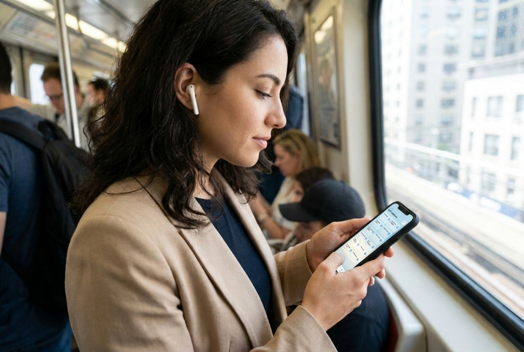 Woman listening to a Rewirology session on her phone during her train commute