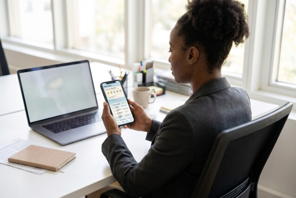Woman checking Rewirology's mood check-in on her phone at her office desk