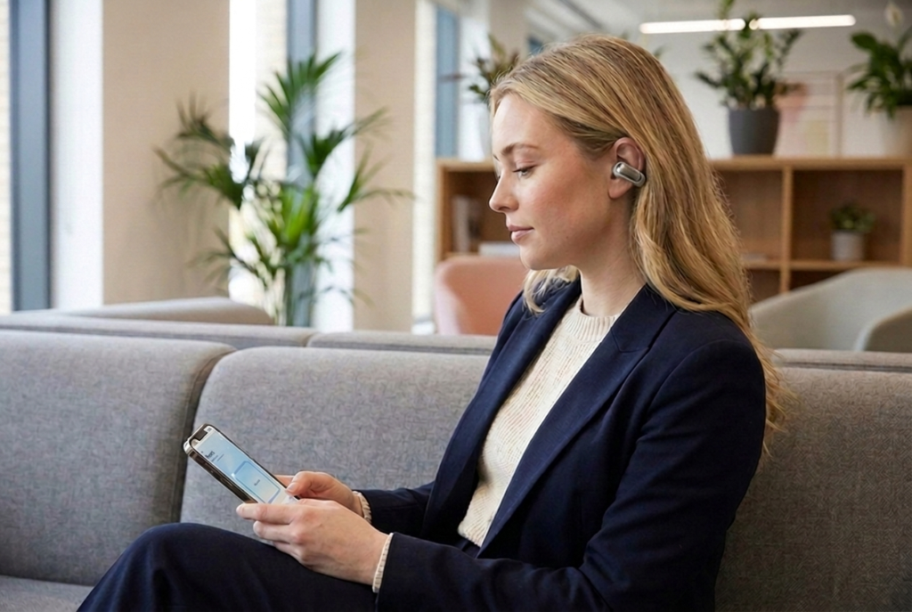 Woman using Rewirology on her phone in an office breakout lounge