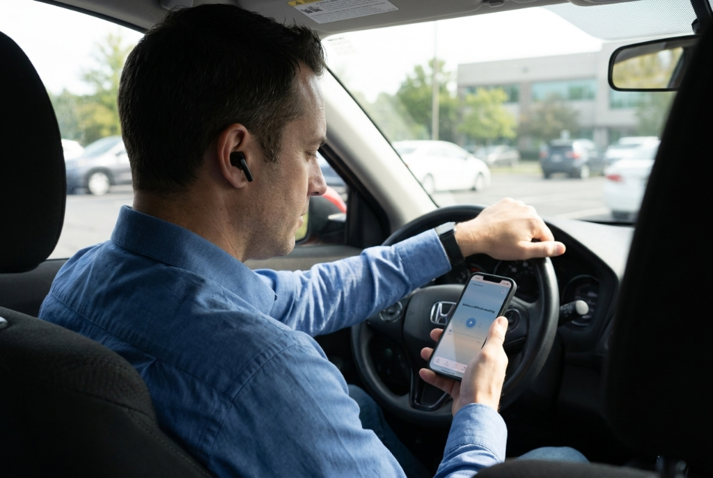 Man listening to a Rewirology session on his phone in his car before heading into the office