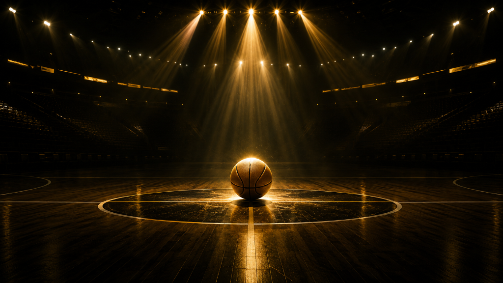 Dramatic basketball court with golden lighting