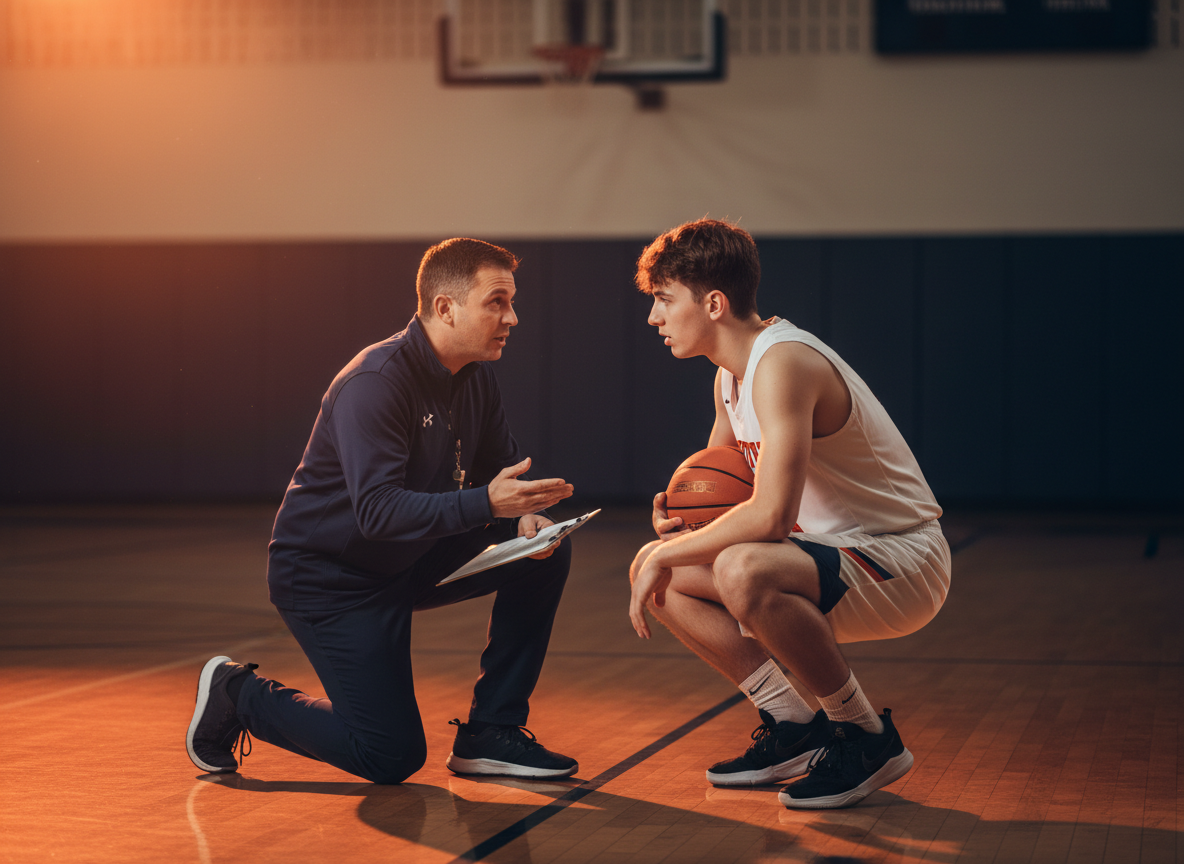 Coach mentoring a basketball player