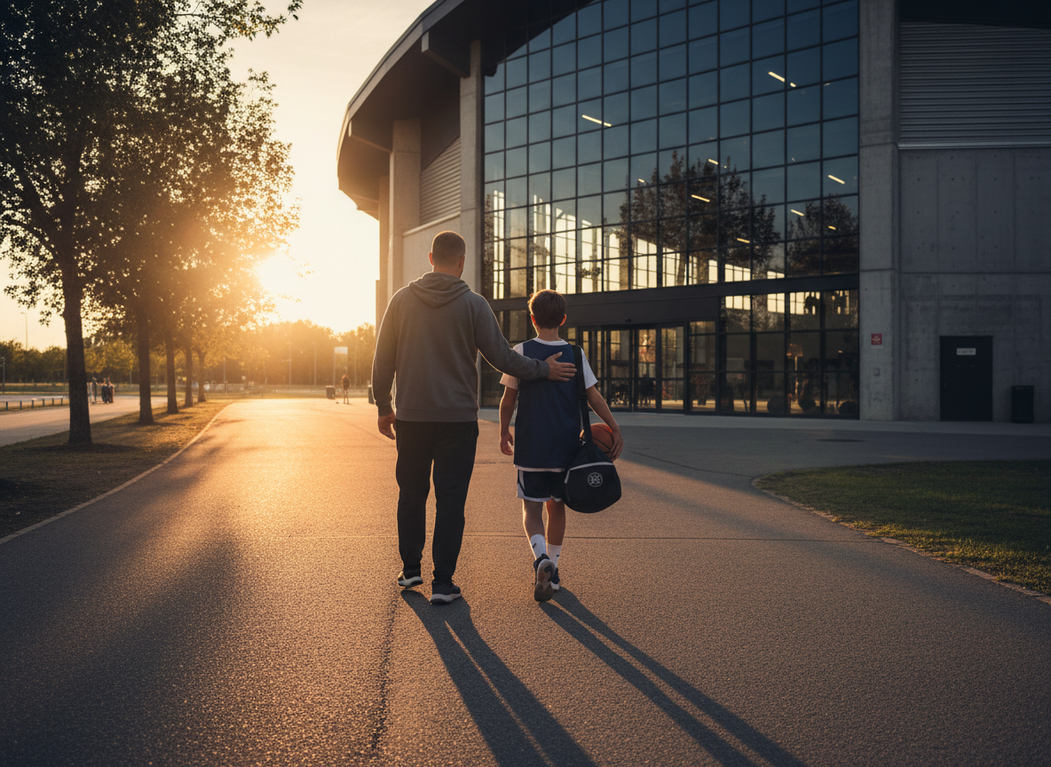 Parent and player walking toward gymnasium
