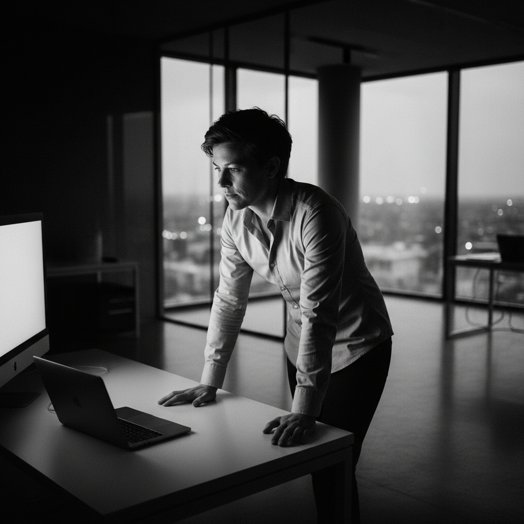 Focused founder in minimalist workspace