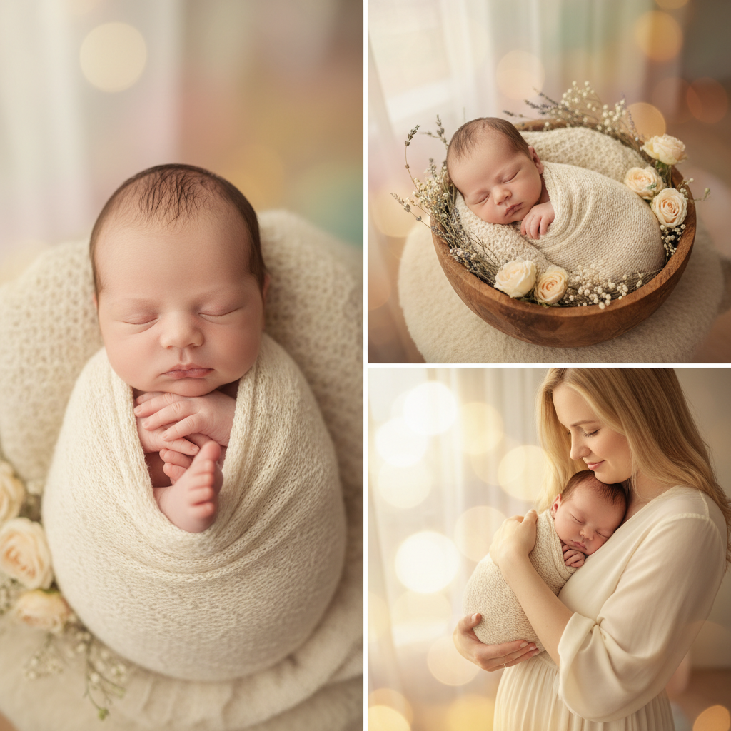 Cinematic newborn photography with sleeping baby wrapped in cream fabric under soft window light