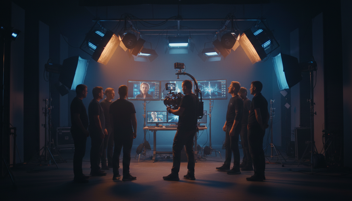 Behind the scenes of a professional video production setup with cinema camera and monitors