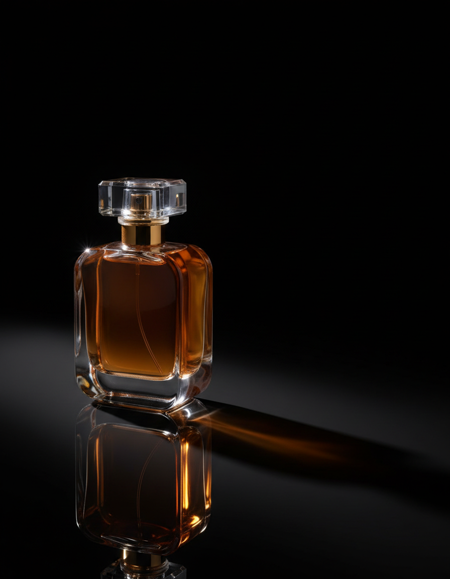 High-end perfume bottle product photography on reflective black surface with dramatic single source lighting