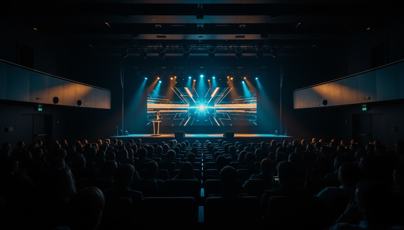 Cinematic wide-angle shot of a corporate keynote event with dramatic stage lighting