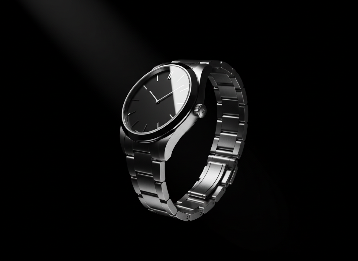 Minimalist luxury product photography of a wristwatch with dramatic side lighting on black background