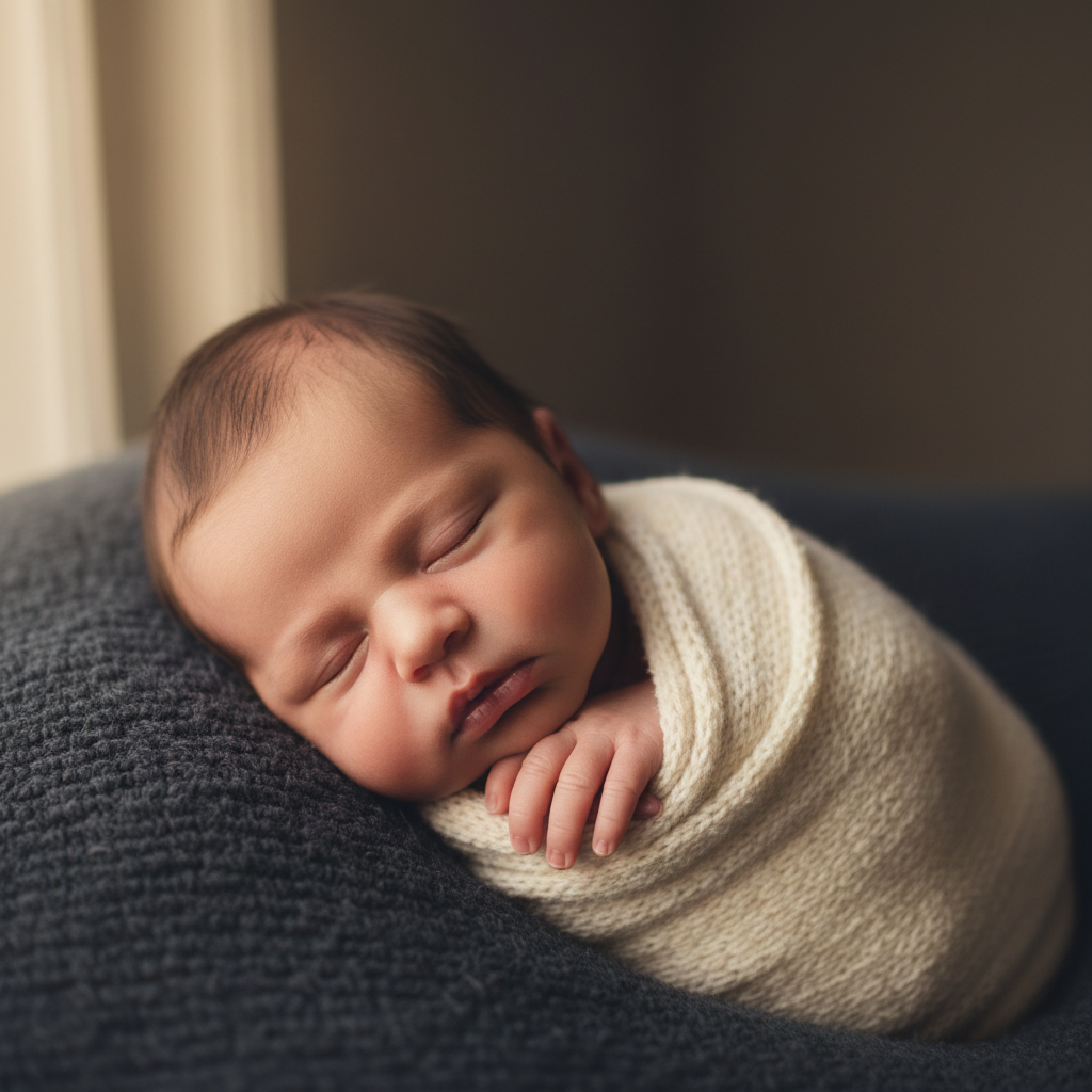 Cinematic newborn photography with sleeping baby wrapped in cream fabric under soft window light
