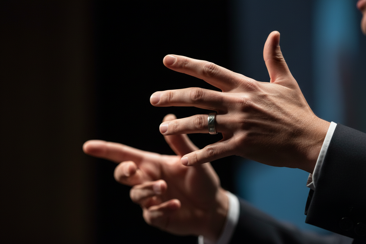 Macro close-up of speaker hands gesturing during corporate presentation with dramatic side lighting