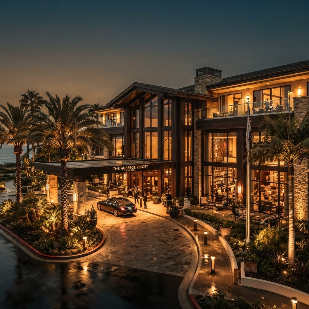 Hotel de lujo al crepúsculo con entrada iluminada y jardines, fotografía arquitectónica real estate
