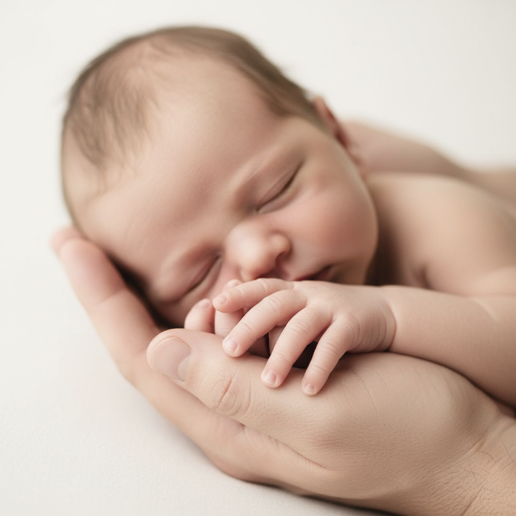 Newborn baby held gently by parents hands with soft natural light