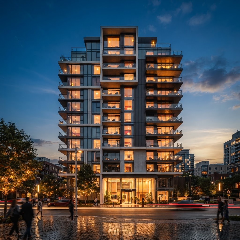Edificio de apartamentos de lujo al anochecer con luces cálidas interiores, fotografía arquitectónica real estate