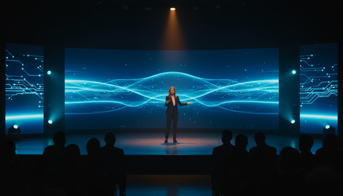 Cinematic tech conference stage presentation with massive LED screen and dramatic blue lighting