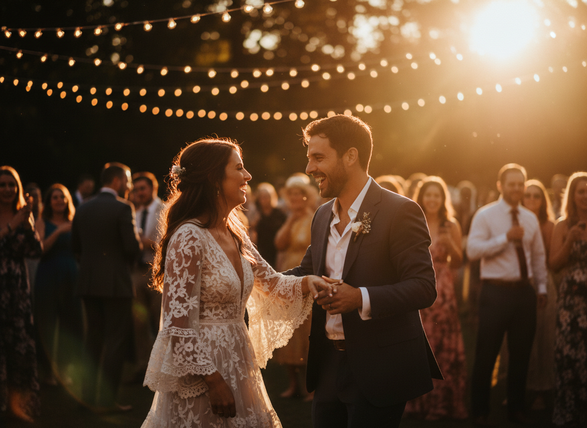 Candid wedding celebration with bride and groom dancing under warm string lights at golden hour