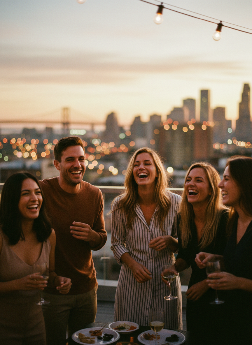 Candid friends laughing at rooftop party at sunset with warm golden hour backlight