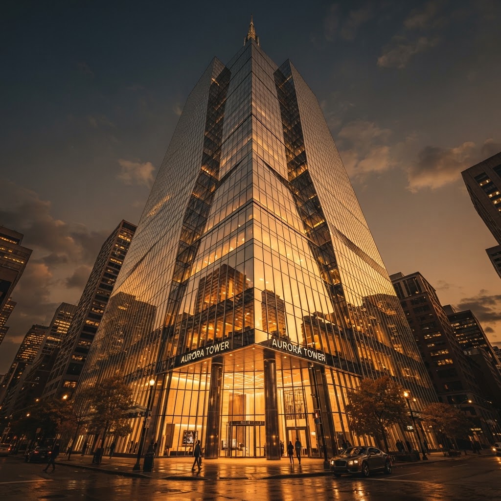 Edificio de oficinas con fachada de cristal al atardecer dorado, fotografía arquitectónica real estate