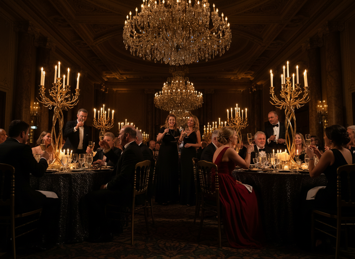 Elegant corporate gala dinner with golden ambient lighting and formal guests