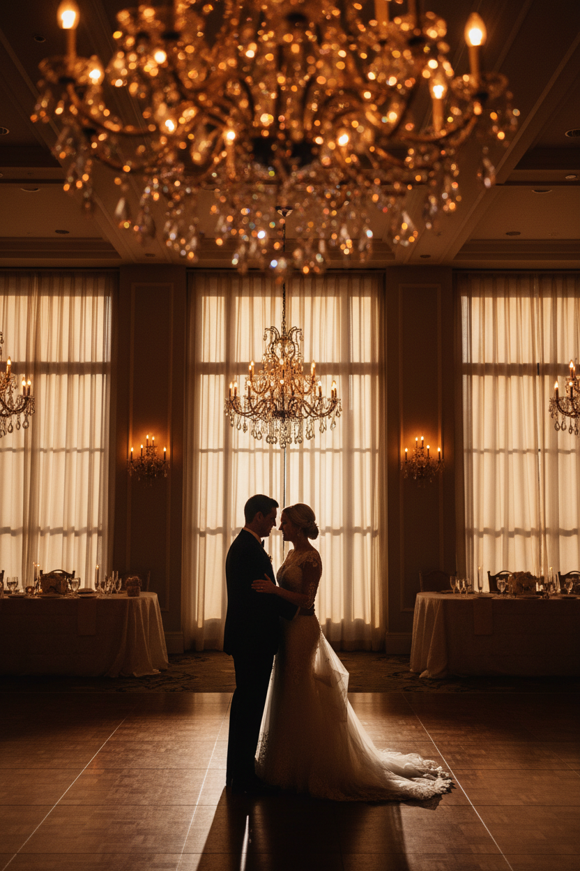 Elegant first dance at luxury wedding reception with dramatic backlight and chandelier bokeh