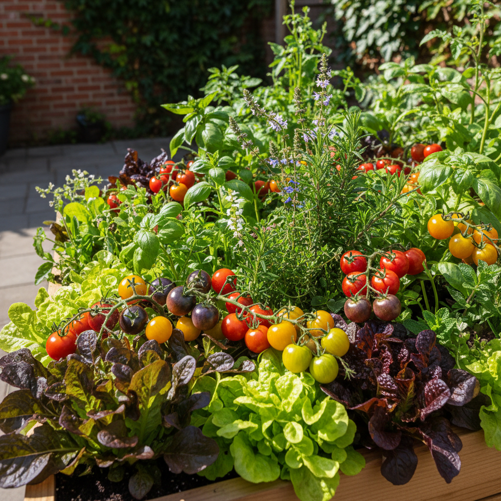 Close-up of diverse colorful vegetables in a small raised bed