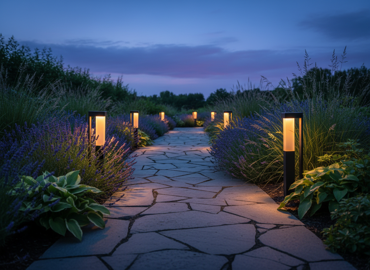 Solar garden lights illuminating a beautiful evening backyard pathway