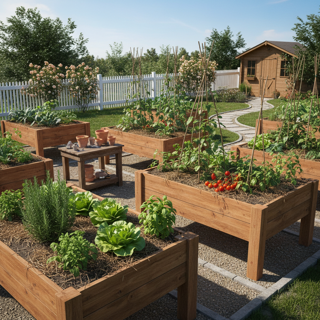 Multiple raised garden beds in a productive backyard garden