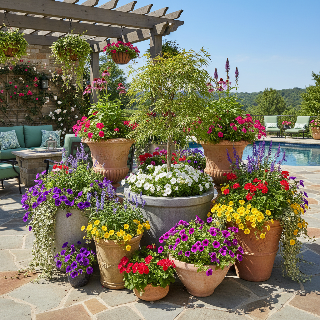 Large decorative outdoor planters with colorful flowering plants on patio